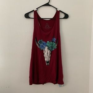 NWT Red tank w/ steer skull and blue roses